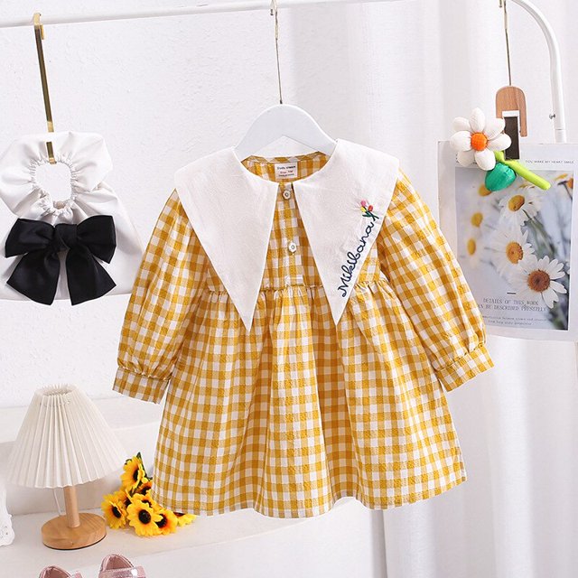 Vestidos para niñas bebés Solapa de encaje A cuadros Primavera Otoño Ropa informal para niños Vestido de princesa de manga larga Traje de fiesta de cumpleaños 80 (12-18M) Gao Jinjia LED