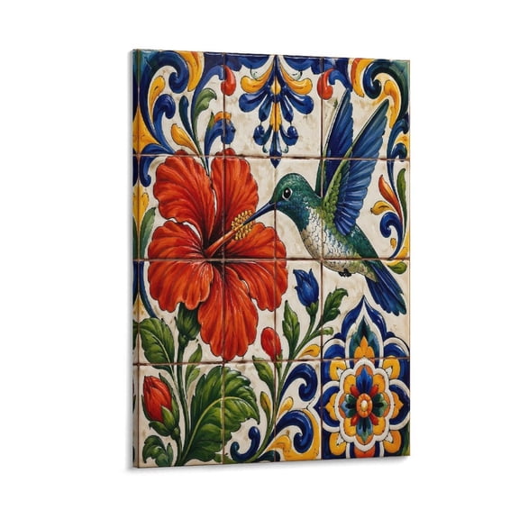 RKSupls Talavera Hummingbird Hibiscus Ceramic Tile Pattern Canvas Wall Art Framed Painting, Modern Home Decor Print for Living Room Bedroom Office Wall Decoration