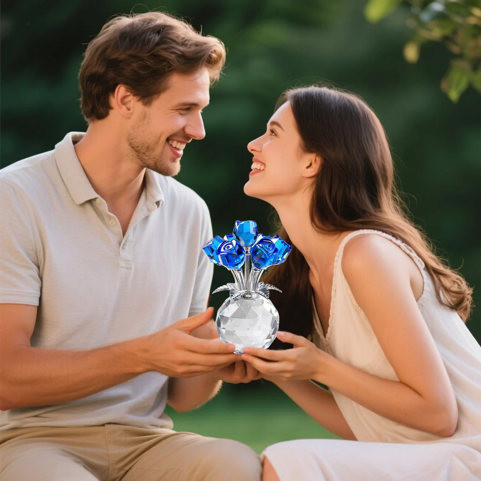 Blue Crystal Glass Rose Bouquet Decorative Ornament Blue For Home Table Shelf Wedding Anniversary Decor