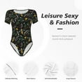 thumbnail image 4 of KLL Women 's Crew Neck Bodysuit Jumpsuits Wasp and Florals Print Short onesies Stretch T Shirts, 4 of 7