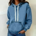 thumbnail image 6 of Women's Denim Hoodies Fashion Denim Patchwork Stitching Hooded Sweatshirts Drawstring Loose Long Sleeve Solid Pullover Fall Outfits with Pocket, 6 of 7