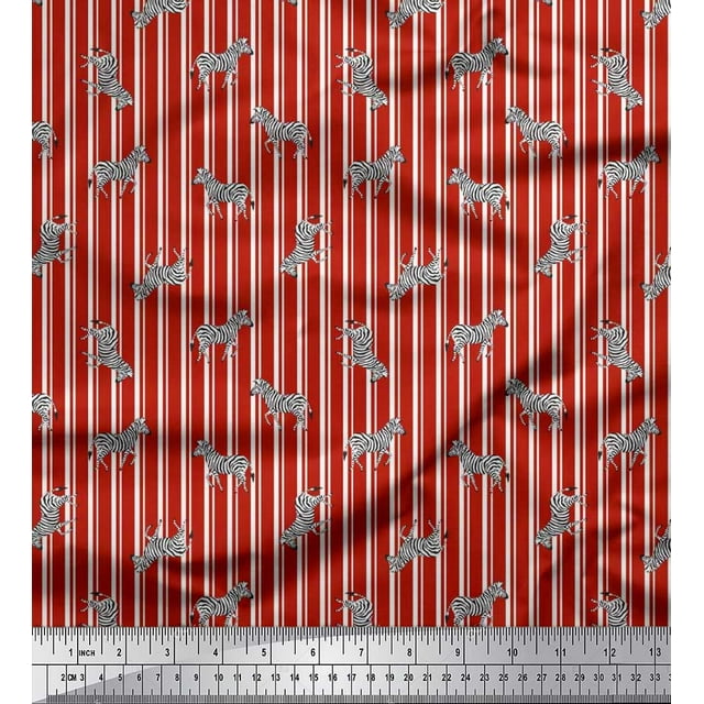 Soimoi Red polyester Crepe Fabric Stripe & Wild Animal Decor Fabric Printed BTY 42 Inch Wide