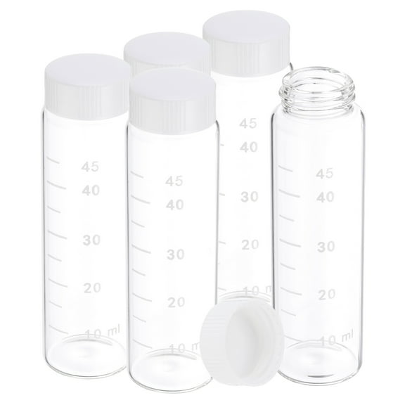 Uxcell Small Glass Sample Bottles with Lids, 5 pcs 50ml Clear Glass Vials with White Screw Caps Mini Leak Proof Reagent Sealed Bottles with Scale for Solid Liquid Powder Storage