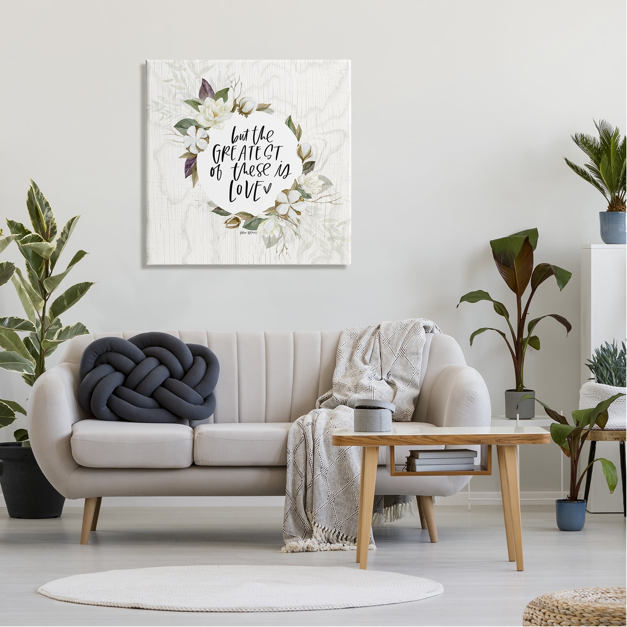 Stupell Industries Greatest Love Typography Quote Classic White Floral Border Graphic Art Gallery-Wrapped Canvas Print Wall Art, 30x30, by Valerie Wieners