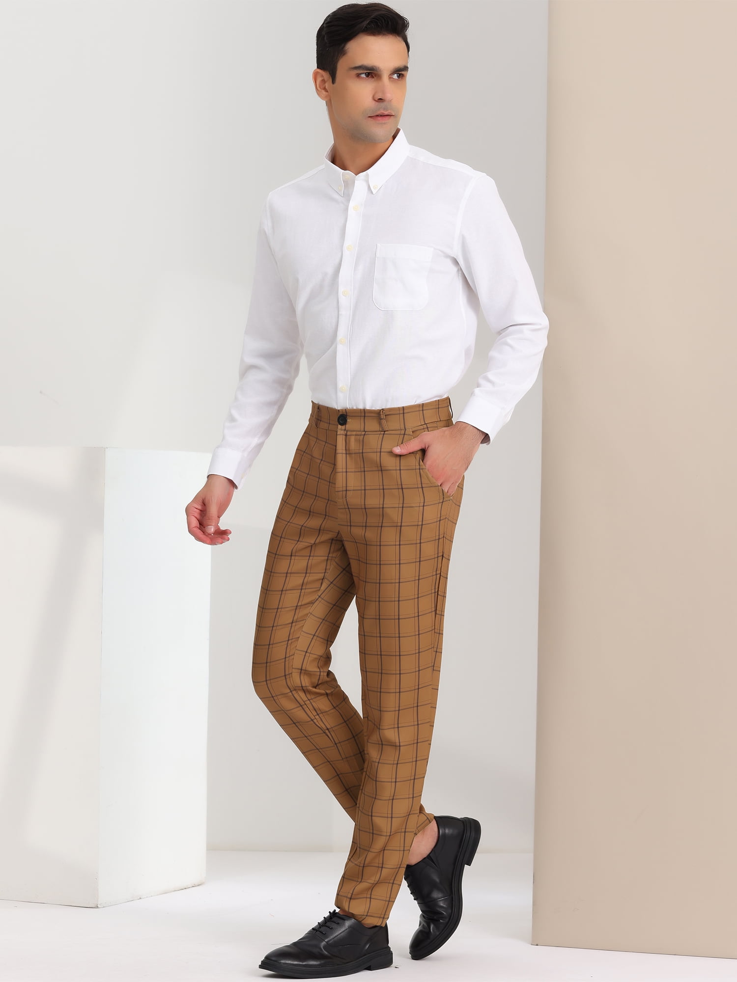 Unique Bargains Men's Dress Pants Slim Fit Checked Flat Front Business Plaid Formal Pants 30 Brown Black
