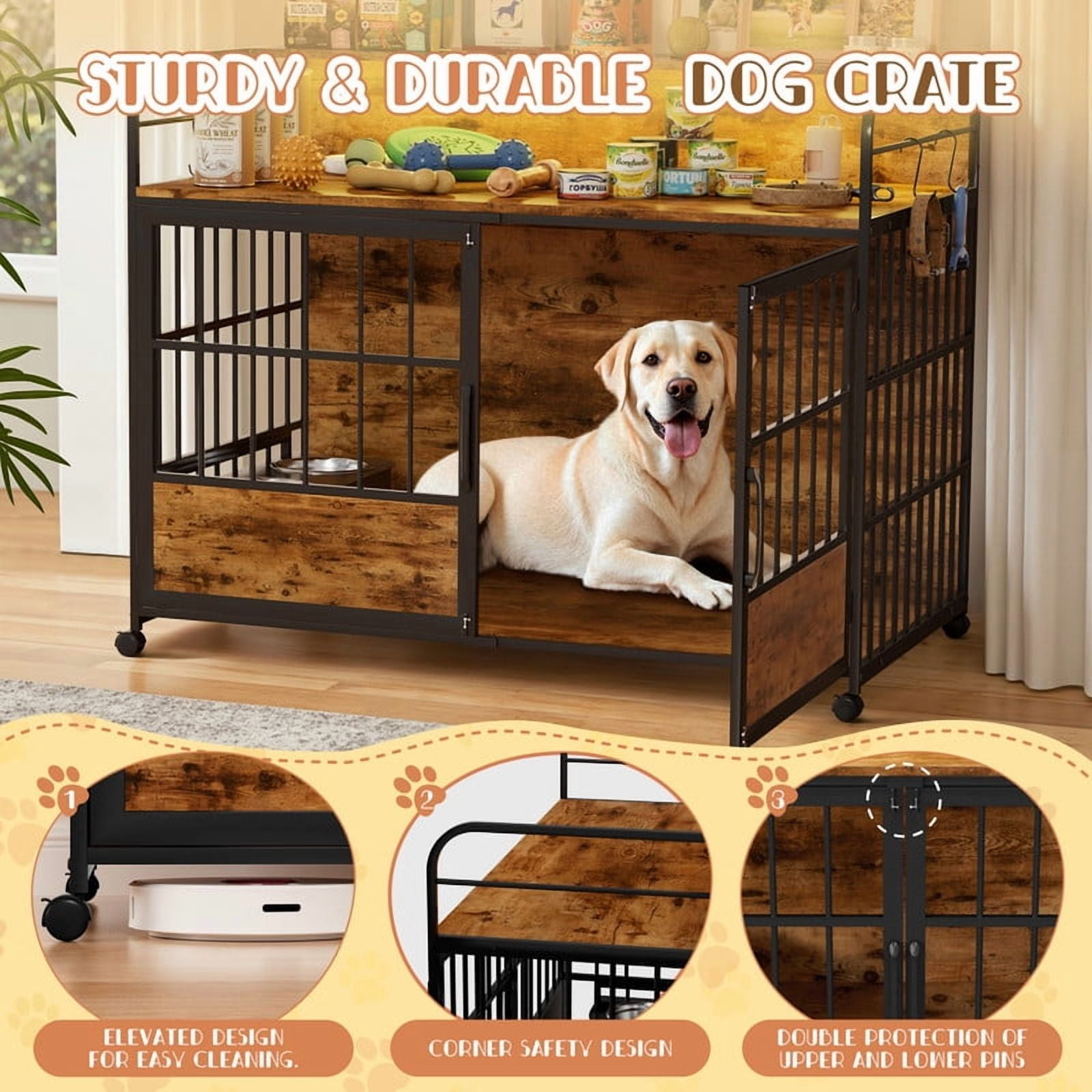 Homall 44.1" Wooden Furniture Style Crate for Dog with Dual Desktops, Rounded Side Armrests, Multi-Color LED Lights