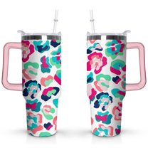 40oz Fashion Leopard Pattern Stainless Steel Flip Straw Tumbler Spill Proof Travel Cup Double Wall Vacuum Insulated Coffee Mug with Top Handle