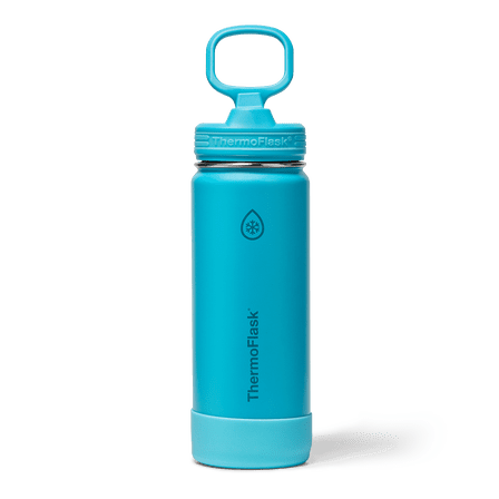 ThermoFlask 18 oz Kids Glow-In-The-Dark Insulated Stainless Steel Water Bottle, Leakproof Straw Lid, Retro Blue