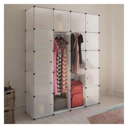 White Modular Cabinet 14 Compartments - Clothes Organizer, 14.6"x57.5"x71.1", Plastic Wardrobe with Hanging Space - Nursery, Bedroom, Hallway Storage