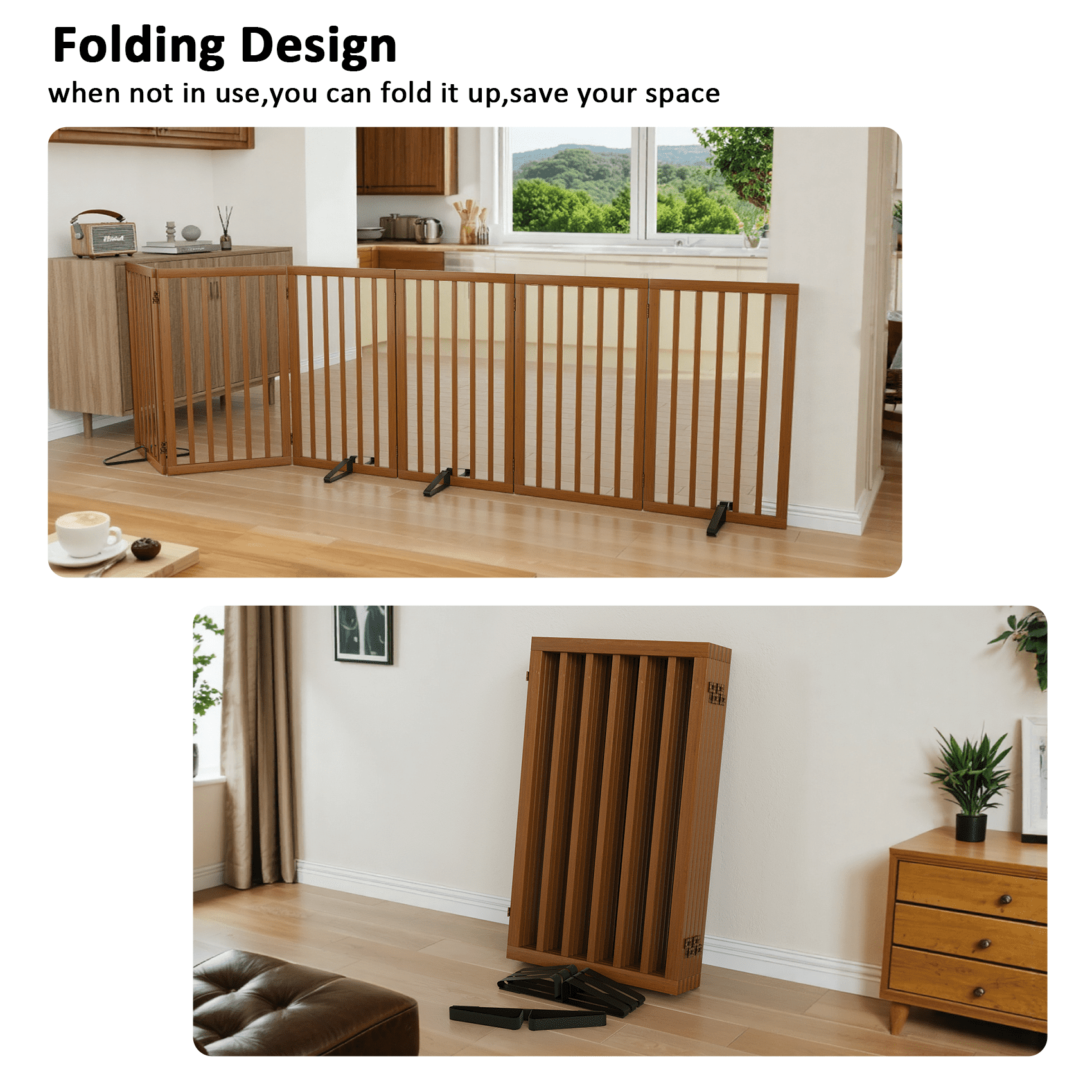 Smart FENDEE 6 Panel Foldable Bamboo Freestanding Pet Gate with Dog Gate and 4 Support Feet, Expands to 110 in Wide