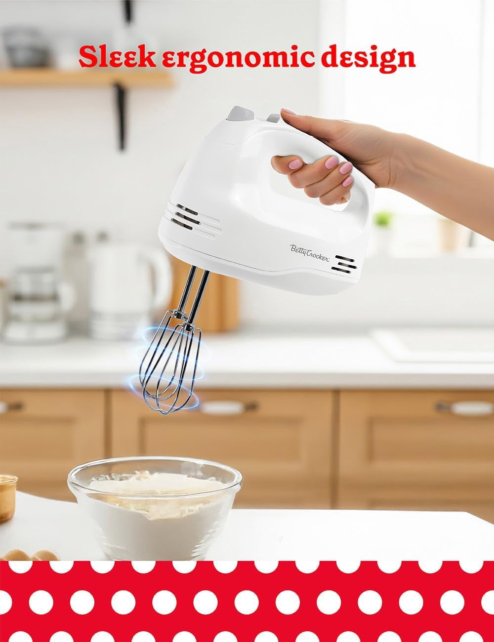 Betty Crocker 5-Speed Hand Mixer, 150 Watts Power, Easy-Clean Chrome Plate Beaters, Beater Eject Button, Heel Rest, Sleek Compact Design, Apartment Essentials, BC-4203WT, White
