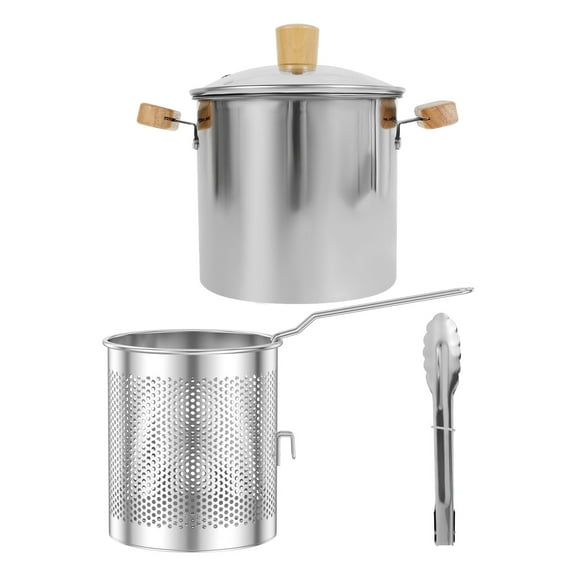 Deep Fryer Pot 4000ml 304 Stainless Steel Deep Oil Fryer with Strainer Basket Wooden Handle Portable Small Deep Fryer Pot Japanese Tempura Deep Fryers for Frying Shrimp Chicken