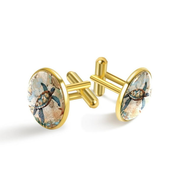 PhooArto Men's Classic Stainless Steel, Retro Map Sea Turtle Cufflinks Business Wedding Shirts, Golden