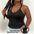 thumbnail image 4 of Women's Plus Size V Neck Ribbed Halter Tank Top, Sleeveless Cropped Fitted Cami for Summer, for Going Out, Layering or Casual Daily Wear (without Padding) Black XXXL, 4 of 6