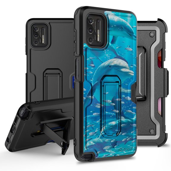 ANJ  Rugged Hybrid Shockproof Case w/Kickstand   Holster Clip Card Slot Cover for Motorola Moto G Stylus (2021 Release) - Dolphins