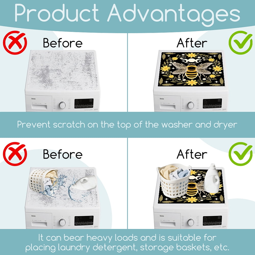 Bees Flowers Laundry Room Washer Dryer Dust Cover Mat 23.6x23.6inch Moons Phases Washing Machine Top Protector Pads Wreath