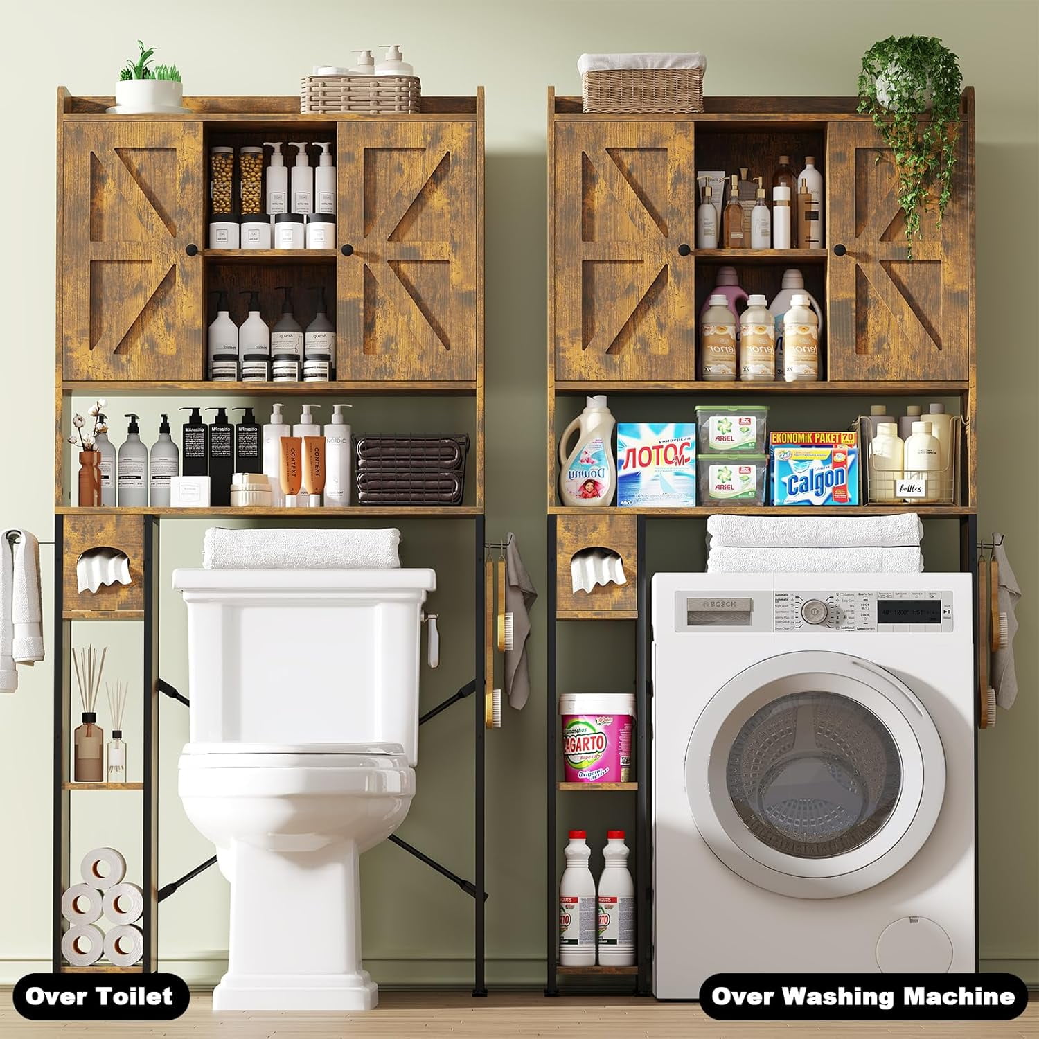 POAO Over the Toilet Storage Cabinet with Metal Frame &7 Storage Shelves,Bathroom Storage Organizer with Adjustable Shelves&Paper Holder,Brown