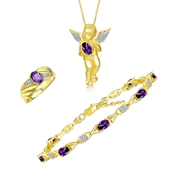 RYLOS Matching jewelry Guardian Angel Yellow Gold Plated Set : Necklace, Tennis Bracelet, & Ring. Gemstone & Diamonds, 7"-8" Wrist & 18" Chain. Amethyst Birthstone; Size 5