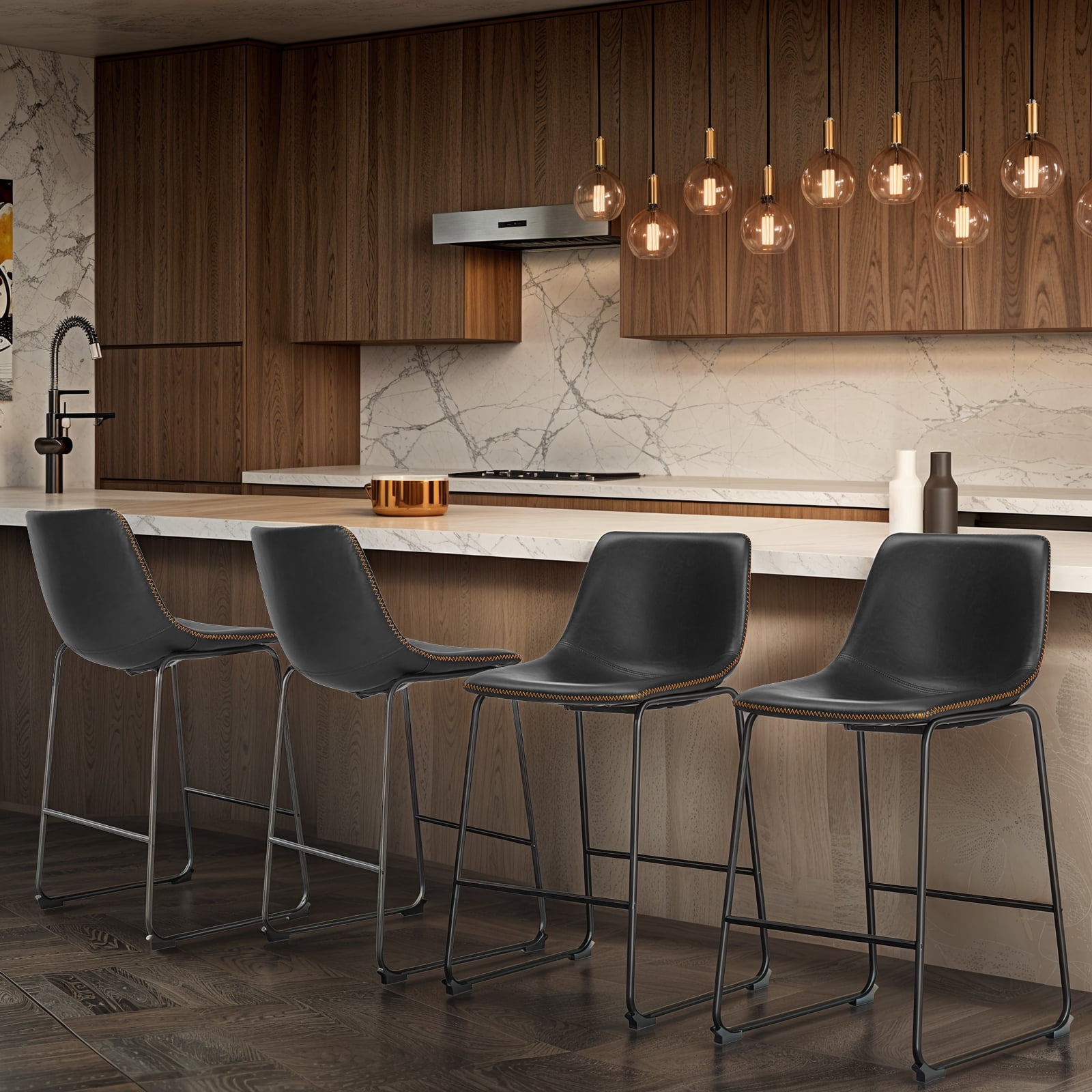 6-Pack Indoor Counter Bar Stools, Modern Metal Faux Leather Barstools, Brown, 26 inch
