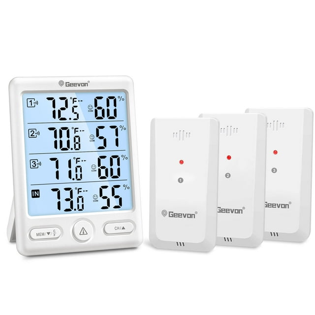 Geevon Thermomètre Intérieur Extérieur Sans Fil, Grand Écran LCD Hygromètre Numérique Thermomètre Température Humidité Moniteur avec 3 Capteurs à Distance et Rétroéclairage, à Piles (Blanc avec Rétroéclairage)