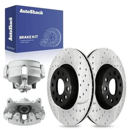 AutoShack 12.28" (311.8 mm) Front Vented Drilled & Slotted Brake Rotors E-Coated   Calipers | Replacement for 2005-2018 Volkswagen Jetta 2012-2016 Volkswagen Beetle | 4-PC Brake Kit | ShadowGuard