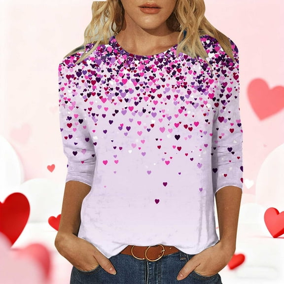 Guzom Carnival Womens Purple Valentine's Day Heart Print Top, 3/4 Sleeve Crew Neck Stretchy Relaxed Fit Plus Size S-XXXL Casual Romantic Shirt for Spring Fall,Size 2XL