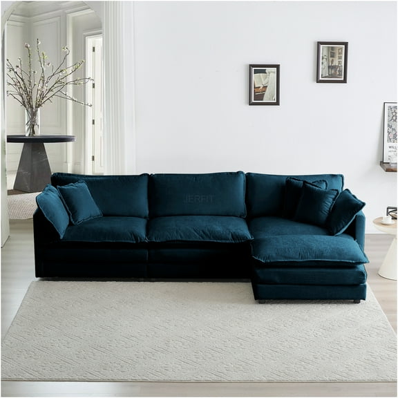 JERFIT Large L-Shaped Sectional Sofa with Reversible Chaise, Blue Chenille Fabric, Modular Design for Living Room