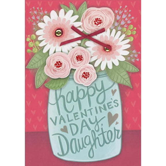 Designer Greetings Three Pink 3D Tip On Flowers and Red Bow in Light Blue Vase Hand Decorated Valentine's Day Card for Daughter