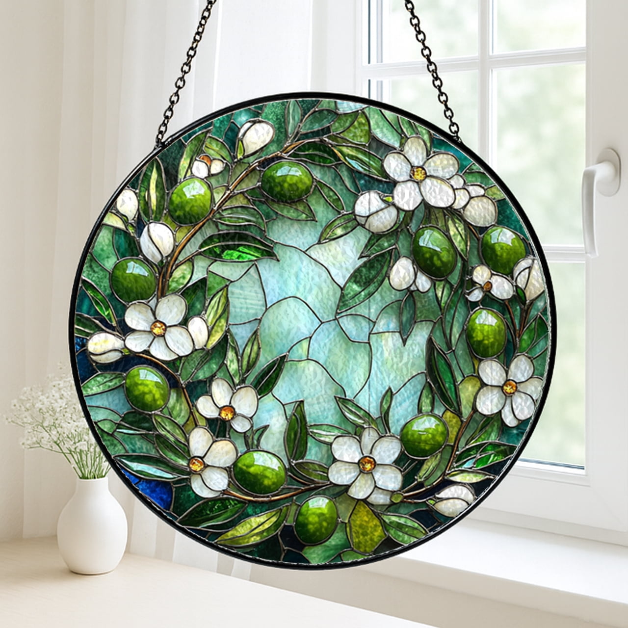 Faux Stained Glass Olive Branch Panel, Garden Lover Decor