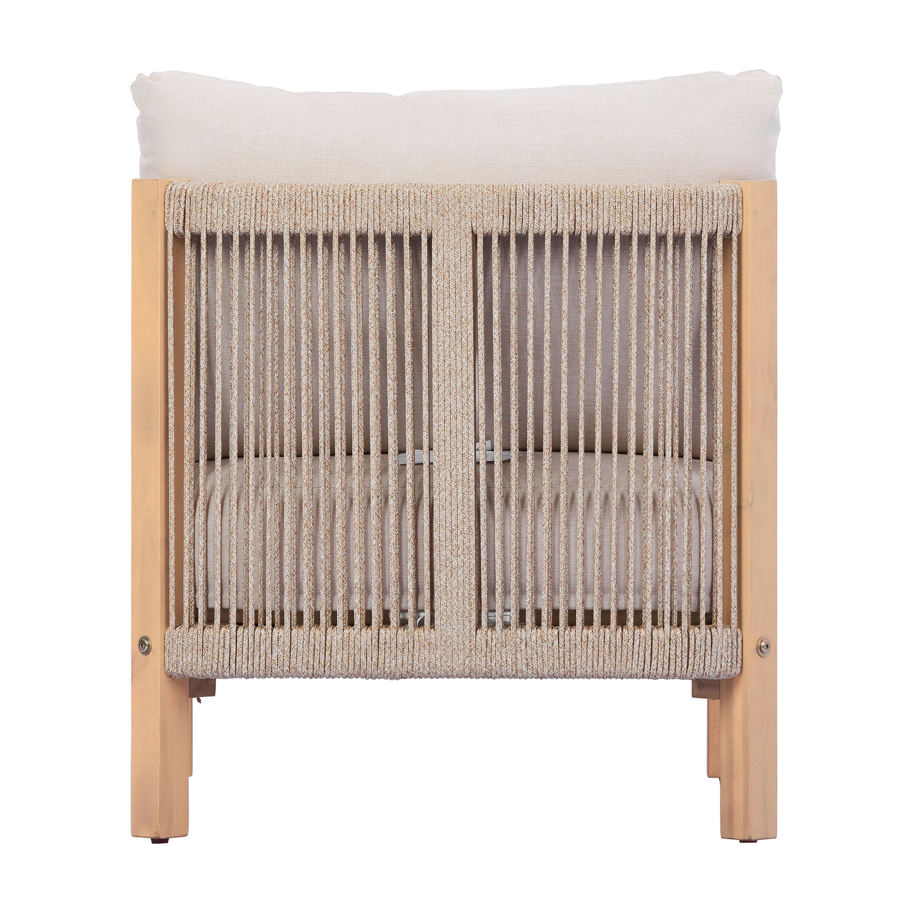 Acacia Wood Outdoor Club Chair with Rope Weave Backrest and Beige Cushion, Patio Lounge Chair for Garden and Balcony, Light Teak