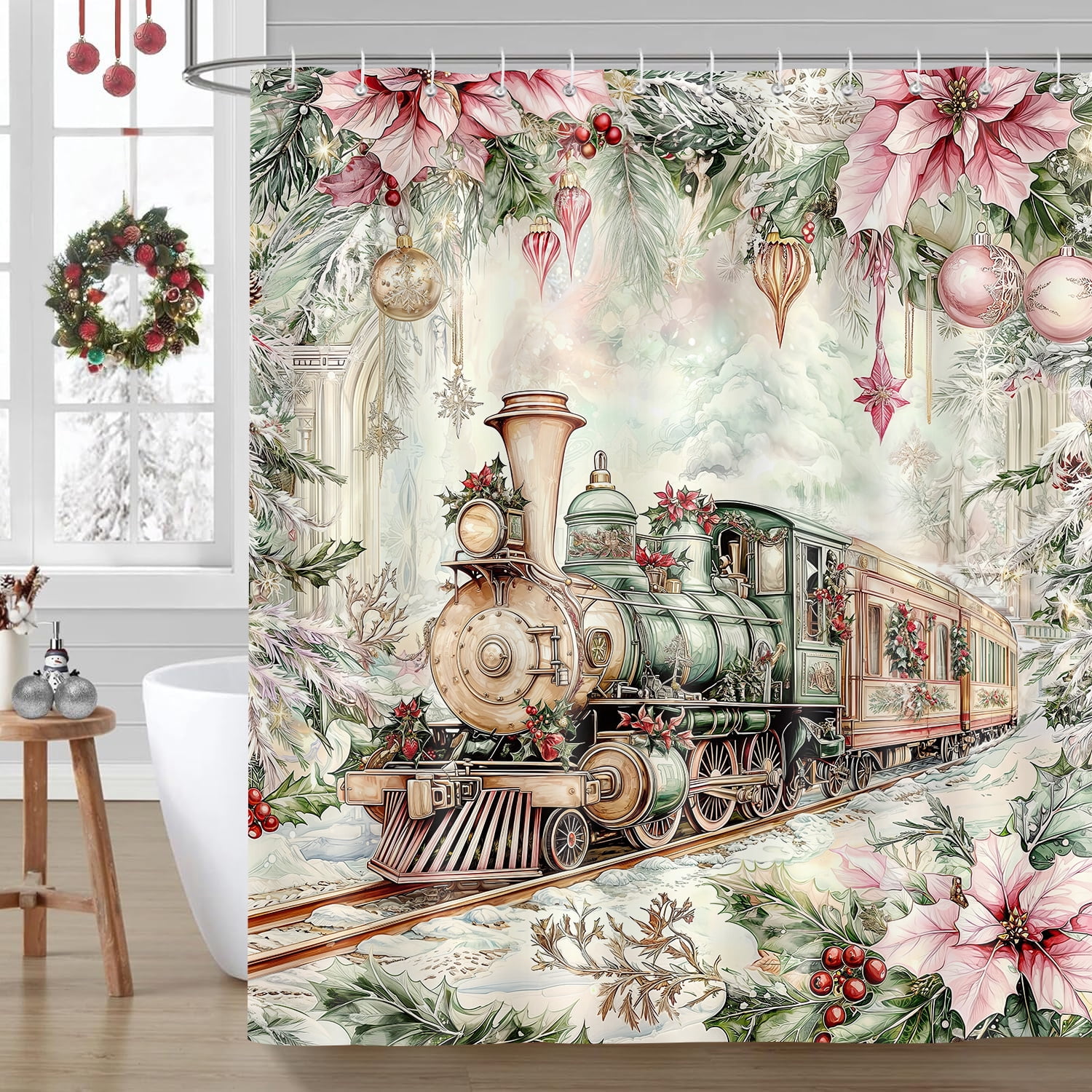 Christmas Train Shower Curtain, Pink Vintage Steam Train Castle Xmas Tree Bathroom Curtain, Country Farmhouse Cute Winter Christma Floral Light Ball Bathroom Decor Shower Cutain Set, 72X72in