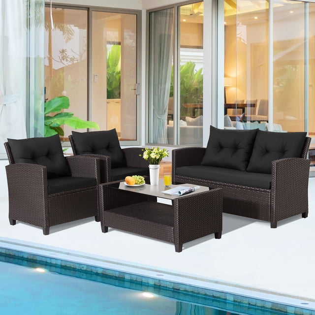 Gymax 4PCS Outdoor Conversation Set Patio PE Rattan Set w/ Glass Table & Sofa Cushions Black