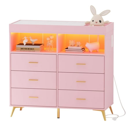 Luku Dresser for Bedroom with LED Lights and Power Outlet Baby Changing Table Dresser with 6 Drawers 2 Open Storage Shelves Baby Dresser with Changing Table Top