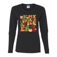 thumbnail image 2 of Wild Bobby In My Pumpkin Spice Era Groovy Letters Smiley Faces Thunderbolts Leaves Halloween Women Graphic Long Sleeve Tee, Black, Medium, 2 of 6