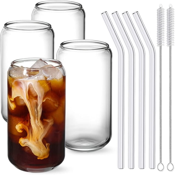 Drinking Glasses with Glass Straw 4pcs Set - 16oz Highball Glass Cups, Beer Glasses, Iced Coffee Glasses, Cute Tumbler Cup, Ideal for Whiskey, Soda, Tea, Water, Gift, 2 Brushes