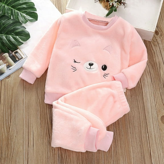 Cethrio Kids Girls Pajama Sets, Comfy Thickened 2 Piece Fall Winter Sleepwear Pink Size 24-36 M