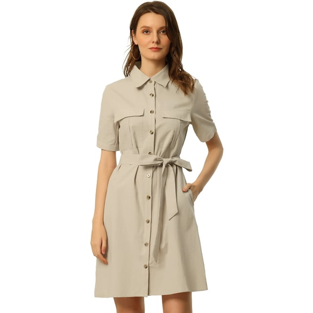Vestido camisero Allegra K safari para mujer con botones y cinturón Beige M