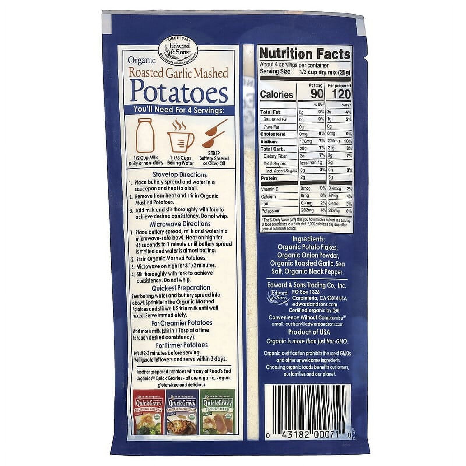 Edward & Sons Organic Mashed Potatoes Gluten Free Roasted Garlic 3.5 oz Pack of 4