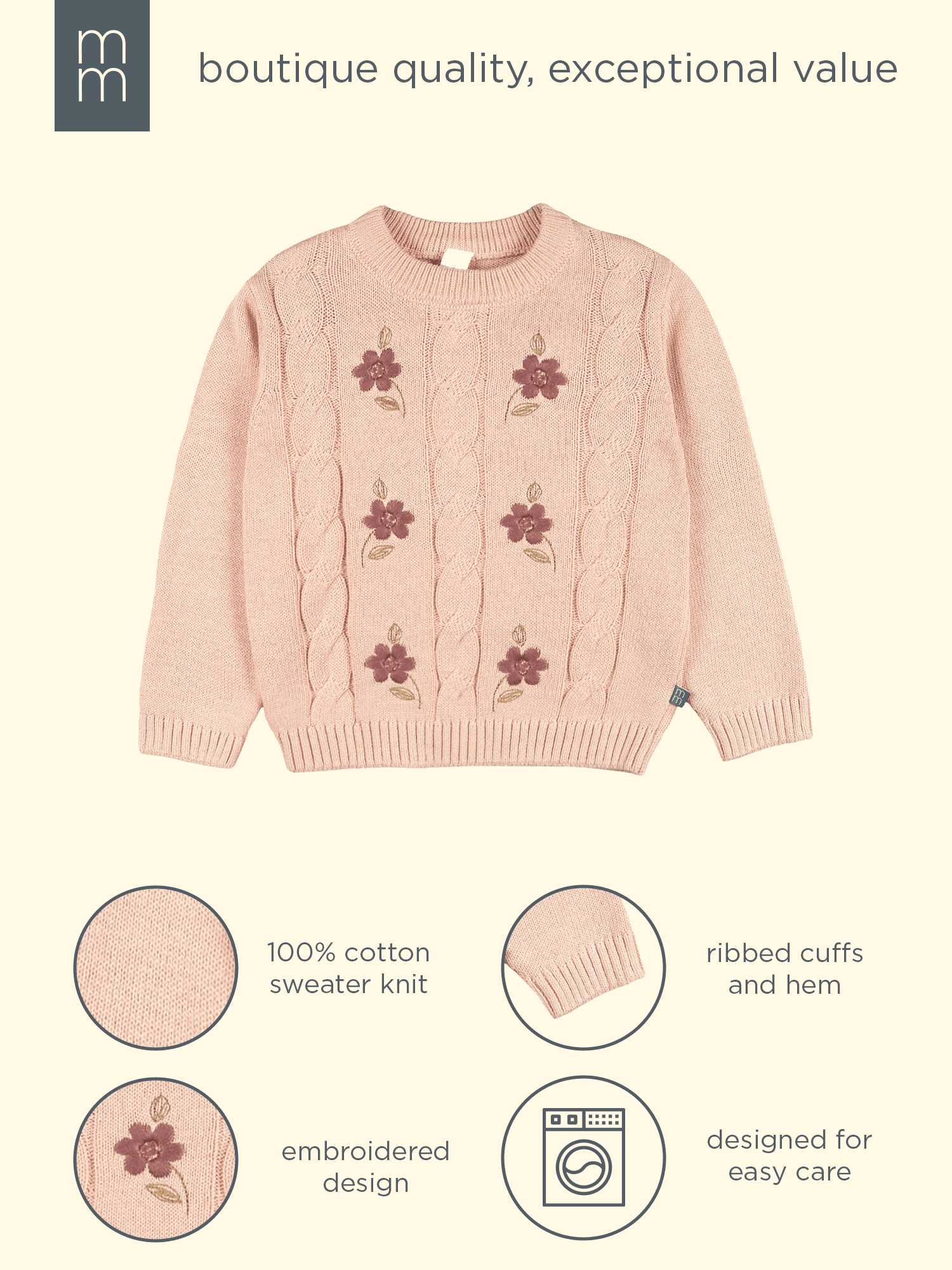 Modern Moments by Gerber Toddler Girl Embroidered Cabel Sweater, Sizes 12 Months - 5T