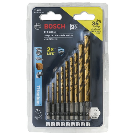 BOSCH TI9IM 9-Piece Assorted Set Titanium Nitride Coated Metal Drill Bits
