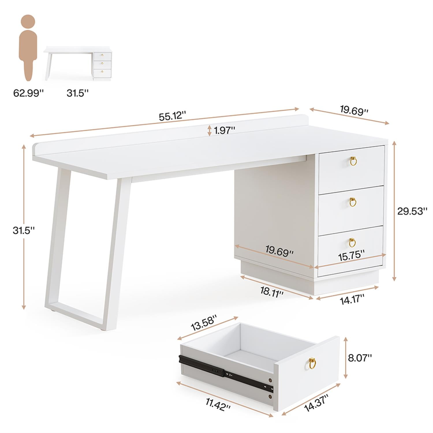 Demi Bonn 55" Computer Desk with Storage Drawers, Wood Executive Desk, Gaming Desk with Storage, Work Desk for Home Office, Study, Living Room, White