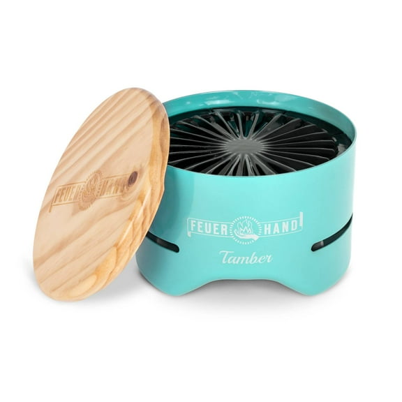 Petromax Feuerhand Tamber Tabletop Charcoal Grill, Powder-Coated Steel for Outdoor Use, Wood Lid, 7.9 inch diameter, Light Green