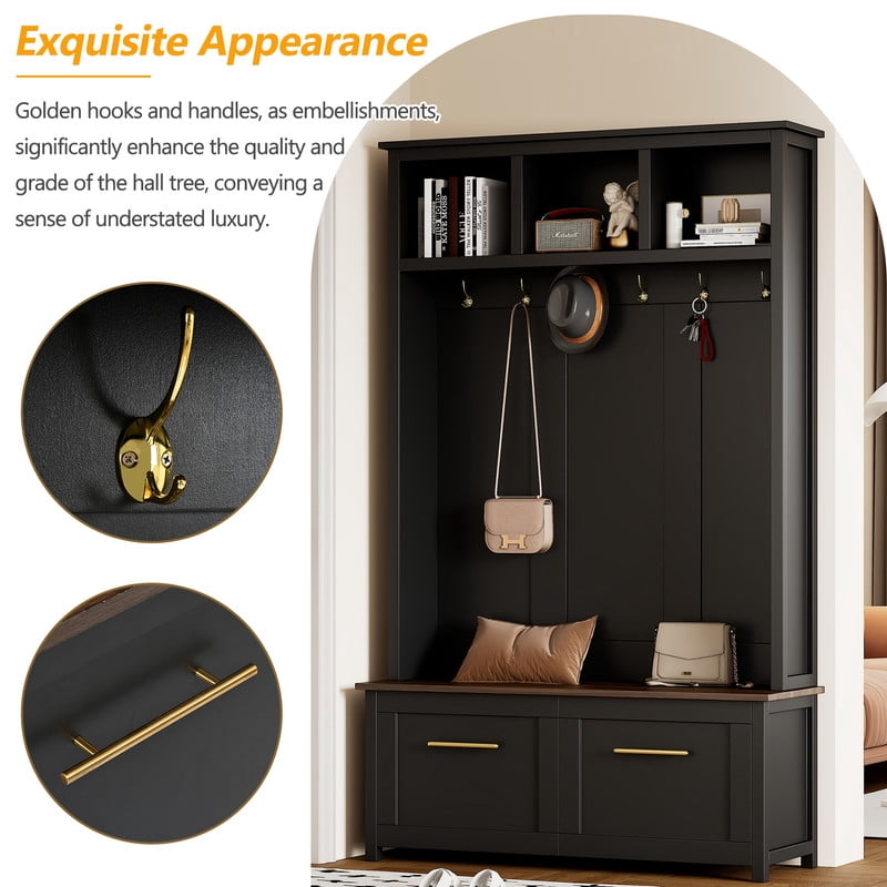 Versatile 4-in-1 Hall Tree with 6 Golden Hooks, Entryway Bench with 2 Drawers, Entryway Coat Rack with Top Storage for Living Room, Hallway