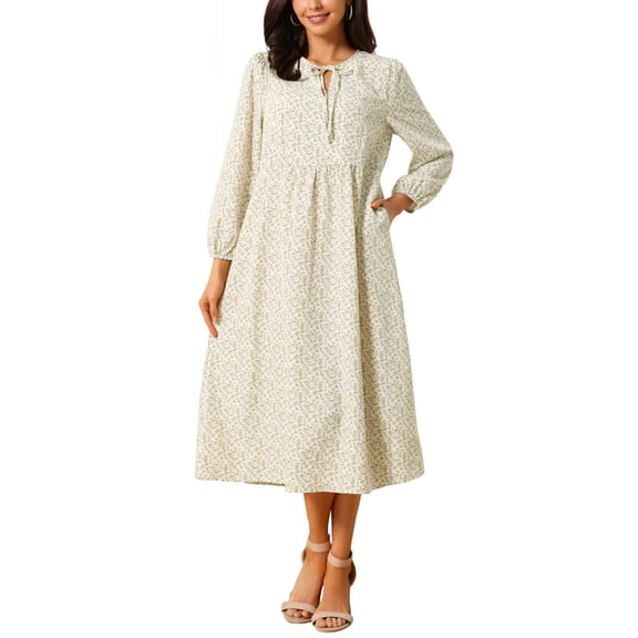 INSPIRE CHIC Women's Dress Bohemian Floral Drawstring V Neck High Waist Long Sleeve Midi Dress S Apricot