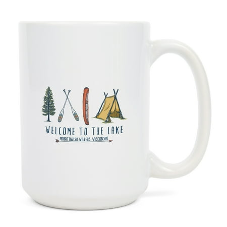 

15 fl oz Ceramic Mug Manitowish Waters Wisconsin Welcome to the Lake Adventure Awaits Lake Icons Design Contour Dishwasher & Microwave Safe