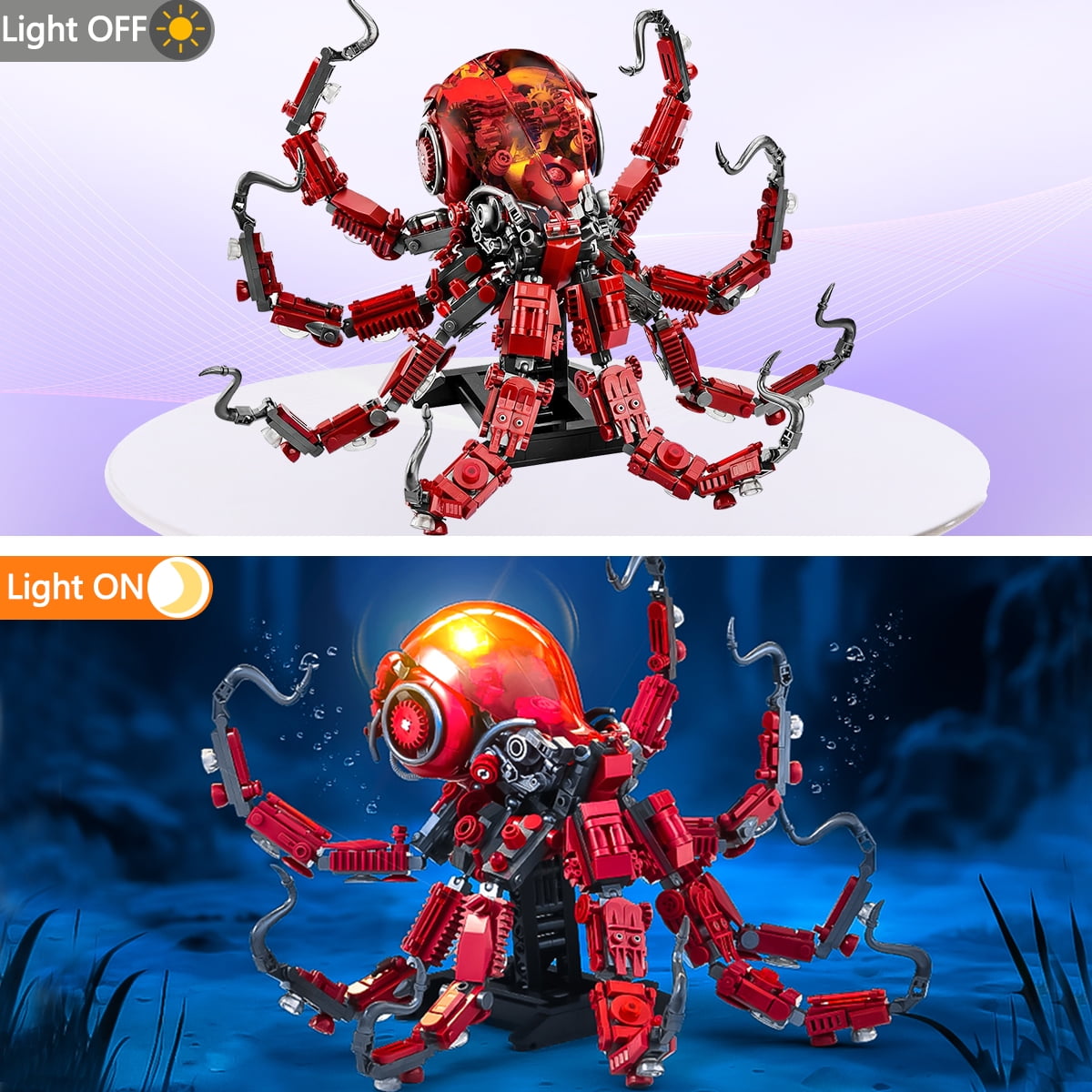 Mechanical Octopus Building Sets for Adult, Ocean Animal Collection Toy with Display Stand and Light,  Home or Office Decor for Adults STEM Building Gift for Teens Boys & Girls