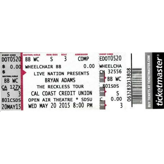 Bryan Adams Reckless Tour 2015 San Diego concert ticket