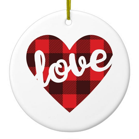 DistinctInk Hanging Ceramic Christmass Tree Ornament with Gold String - Great Gift / Present - 2 3/4 inch diameter - Buffalo Love Heart - Red Black Plaid