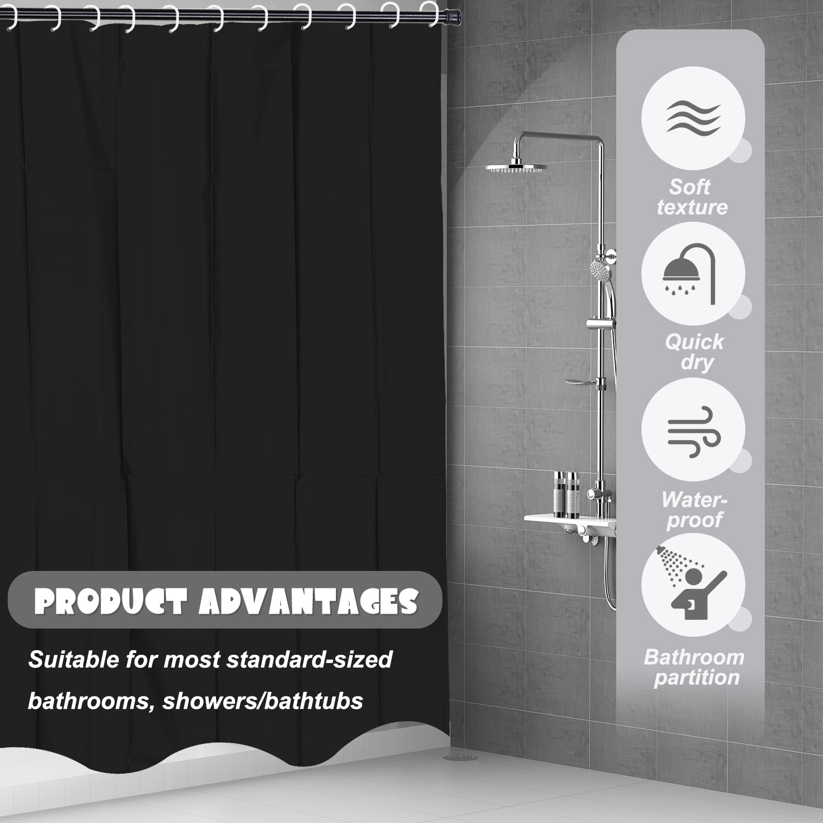 Dznils Black PEVA Shower Curtain Liner Bathroom with Hooks Mildew Resistant Waterproof, 72" W x 78" H, 2 Pack