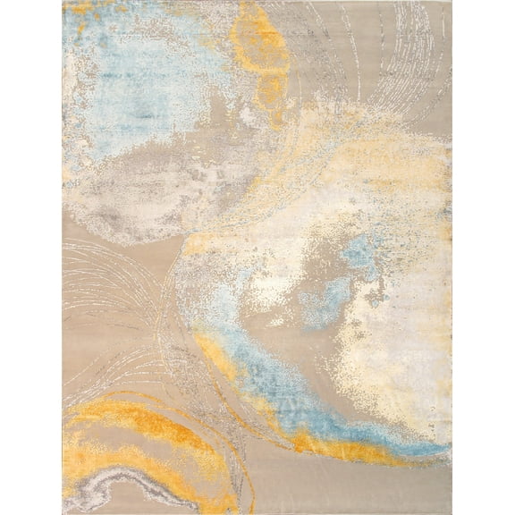 Pasargad Home Modern Collection Hand-Knotted Silk & Wool Area Rug- 9' 2'' X 12' 4'', Beige/Yellow